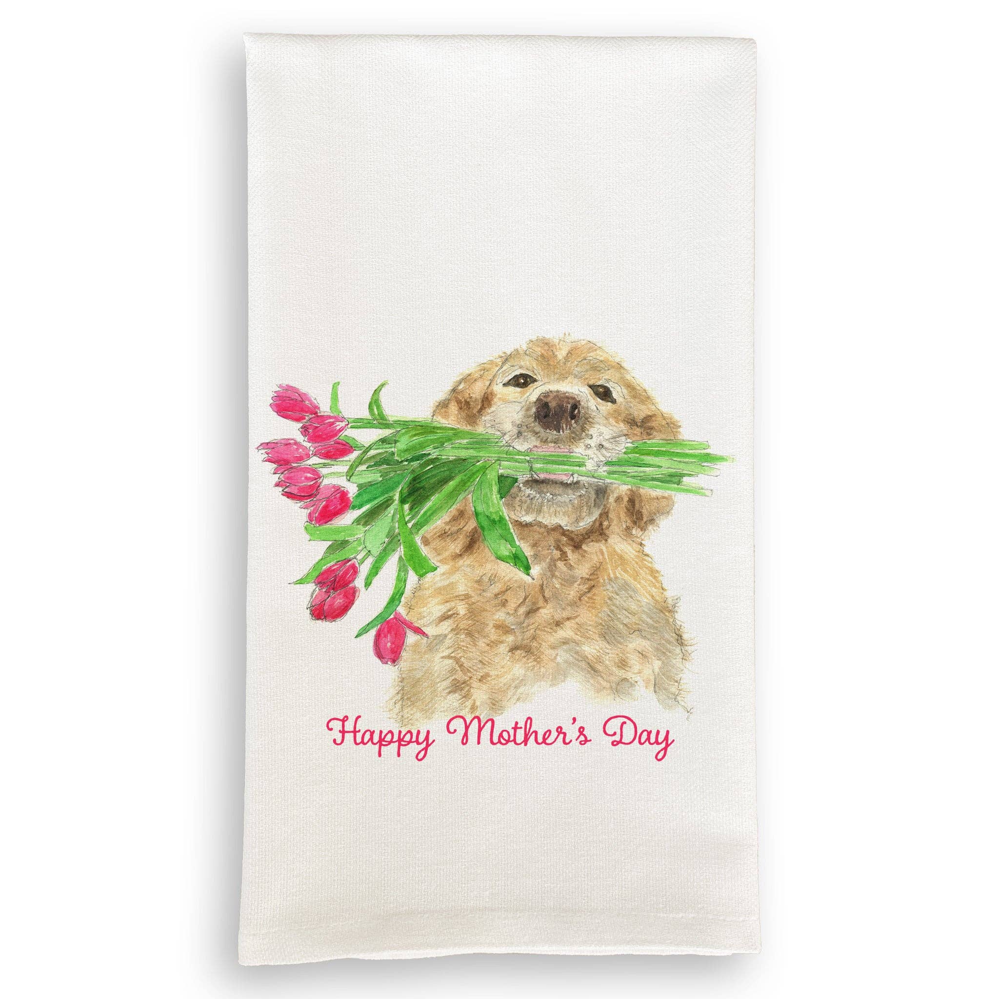 Dog Holding Flowers with Happy Mother’s Day Dishtowel