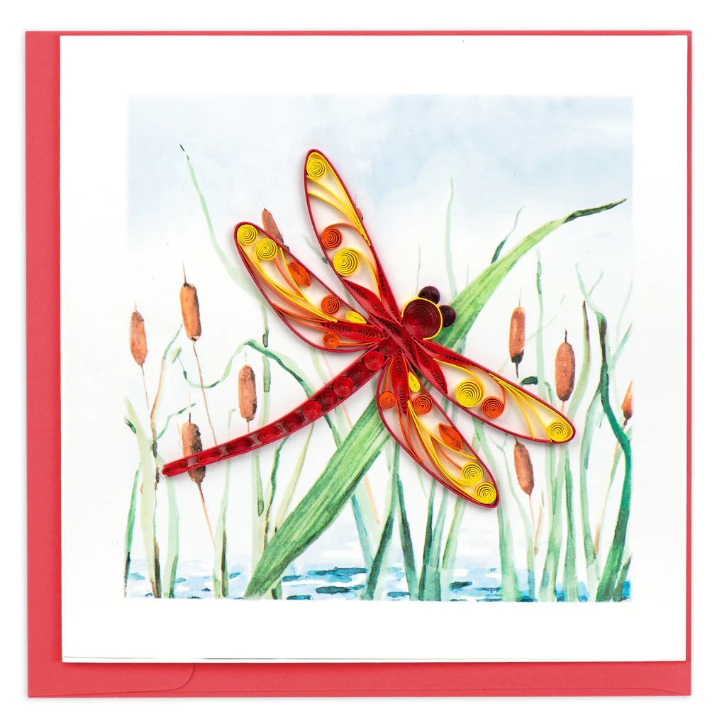 Quilled Red Dragonfly & Cattails Greeting Card