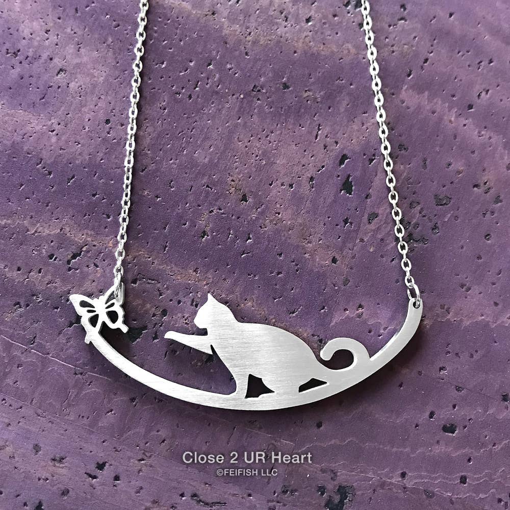 Cat with Butterfly Stainless Steel Necklace