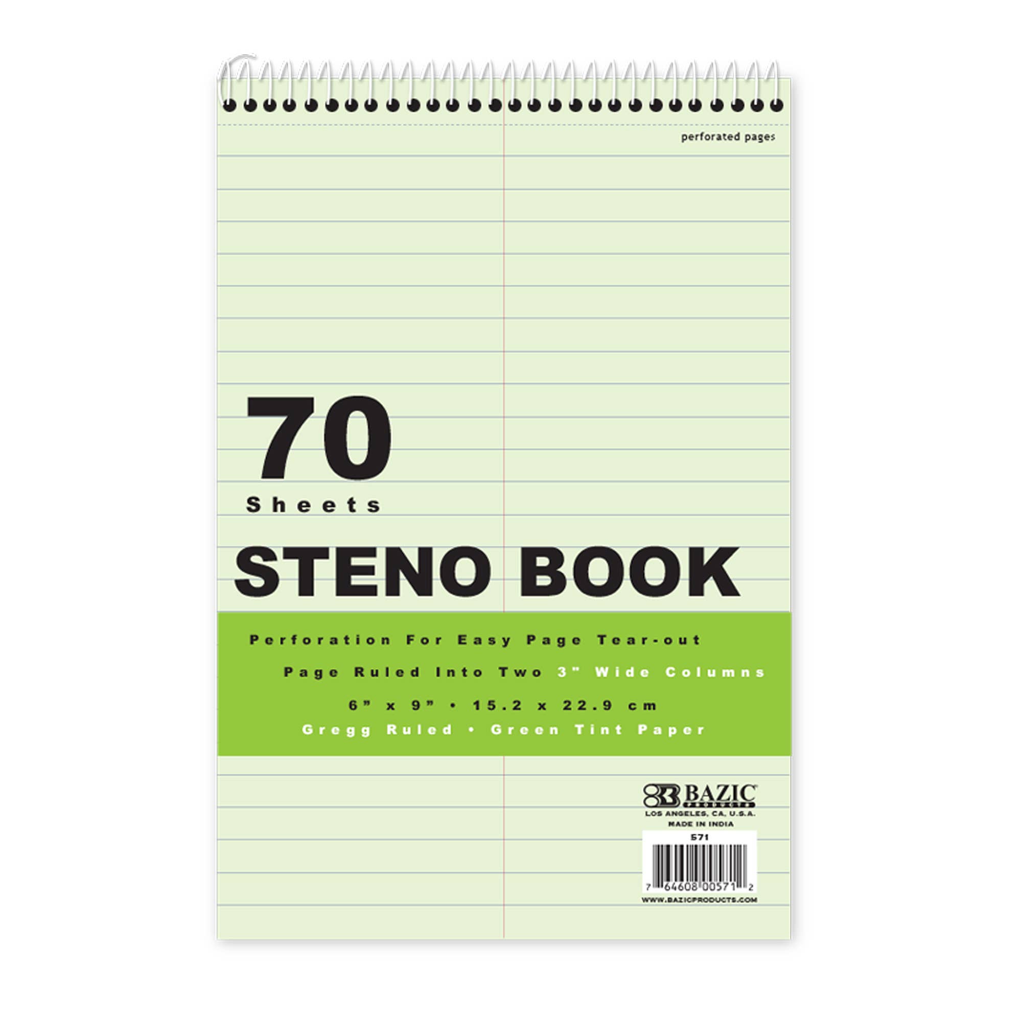Steno Book Ruled Green Tint 6" X 9" 70 pages